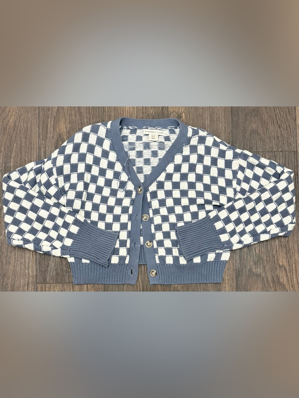 Sincerely Jules Blue White Checkered Knit Cardigan Sweater XS